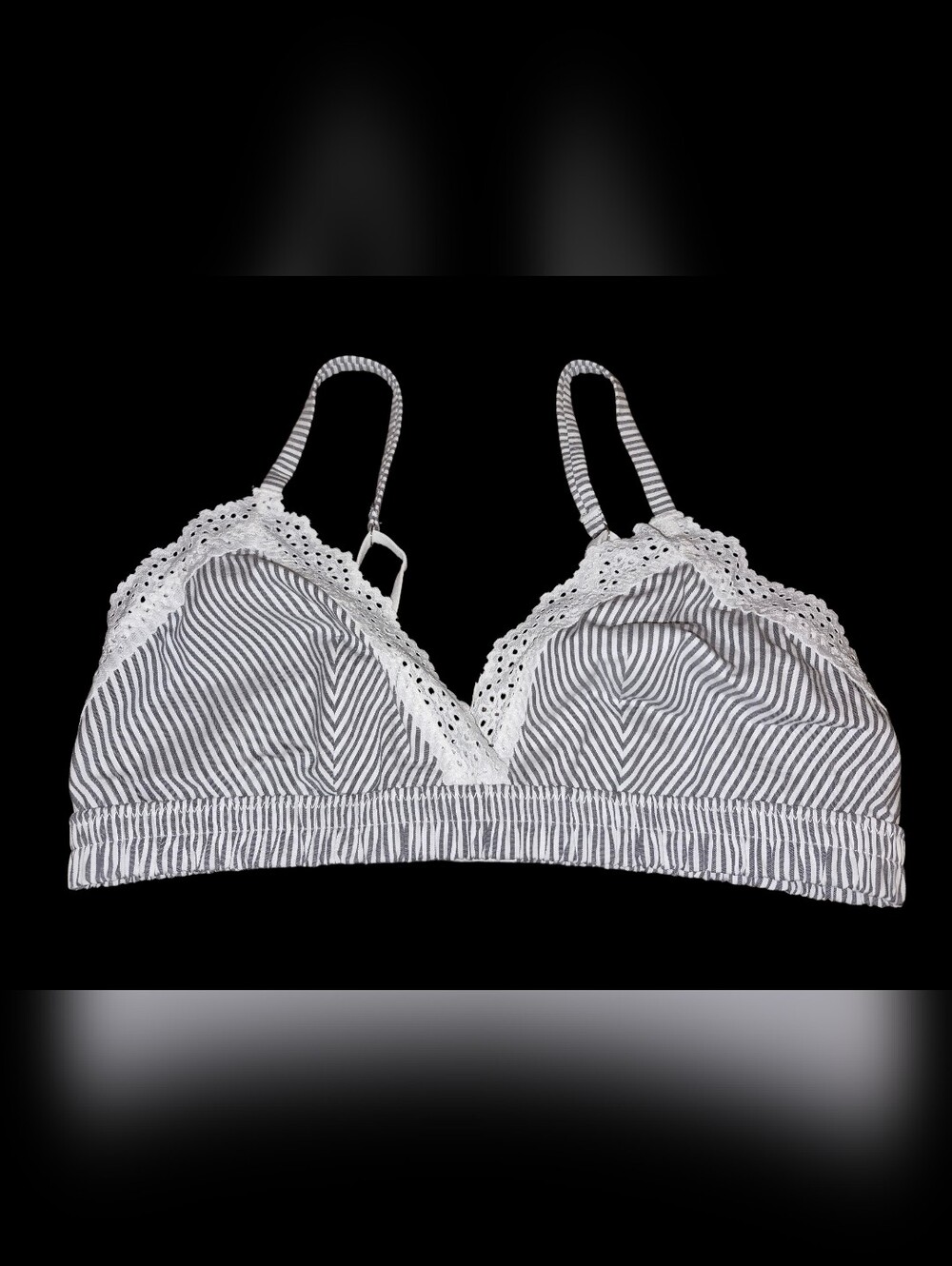 Colsie Striped Bralette with Eyelet Lace Trim - Gray & White Size Small